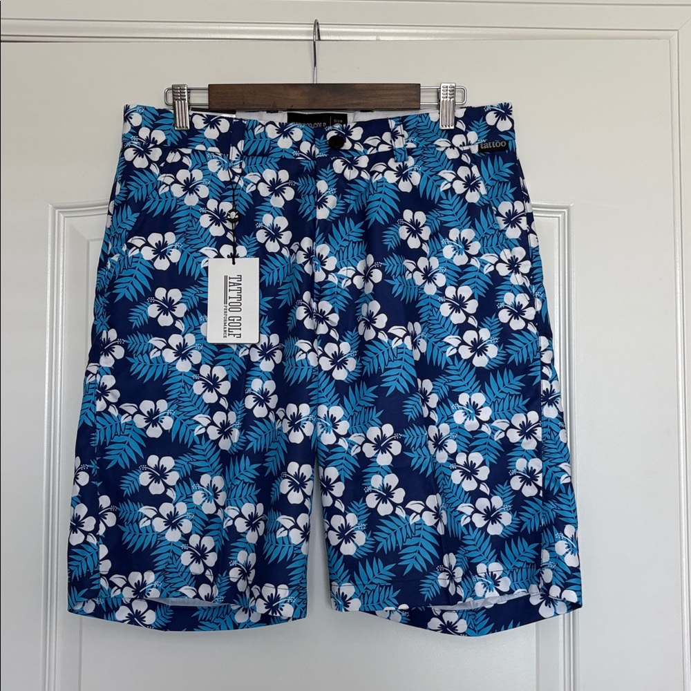 Tattoo Golf Shorts Mens Blue Aloha Performance Hibiscus Floral Hawaiian